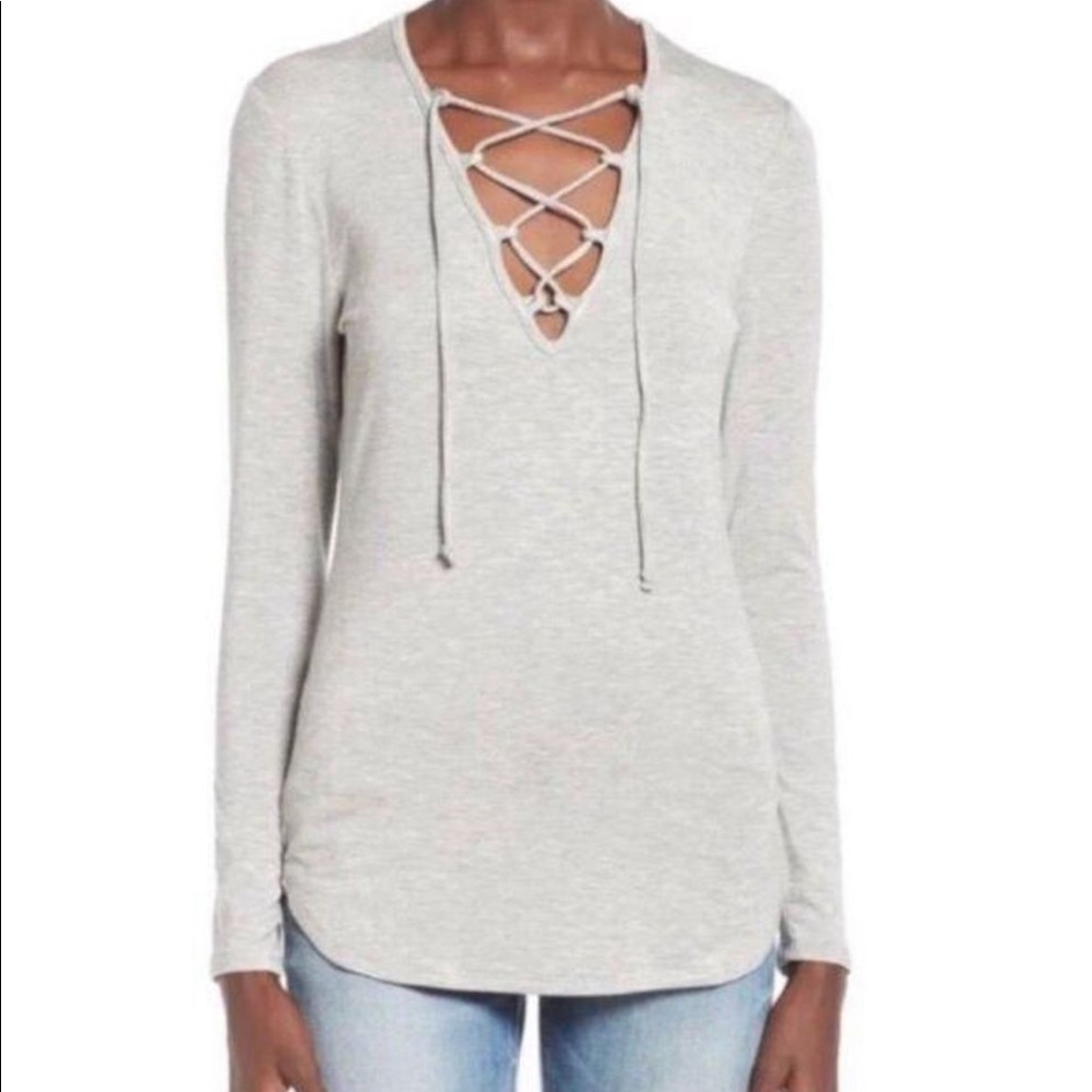 Leith Lace Up Long Sleeve Gray Top Size Small